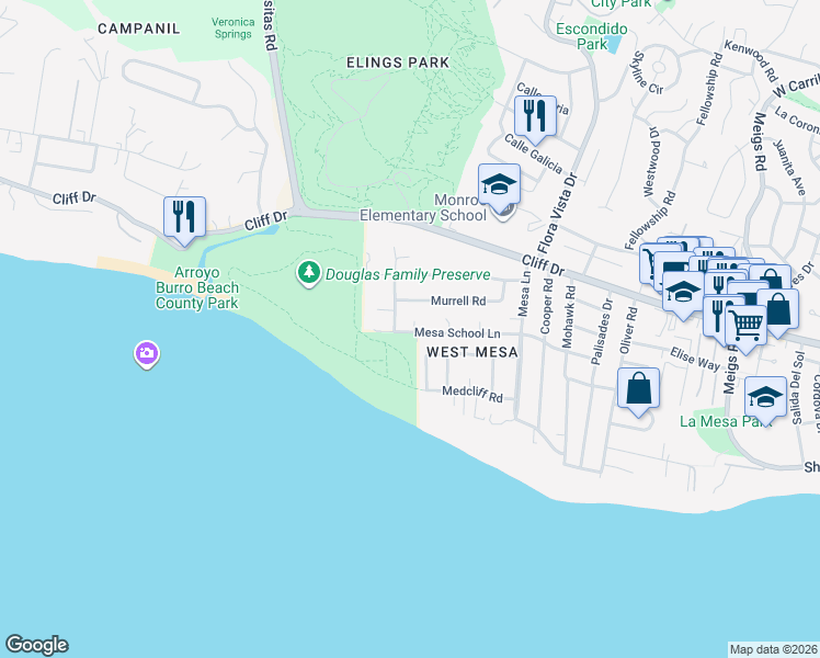 map of restaurants, bars, coffee shops, grocery stores, and more near 2555 Mesa School Lane in Santa Barbara