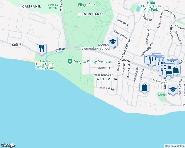map of restaurants, bars, coffee shops, grocery stores, and more near 2555 Mesa School Lane in Santa Barbara