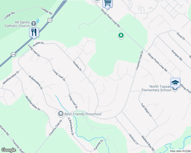 map of restaurants, bars, coffee shops, grocery stores, and more near 116 Bay Tree Circle in Hampstead