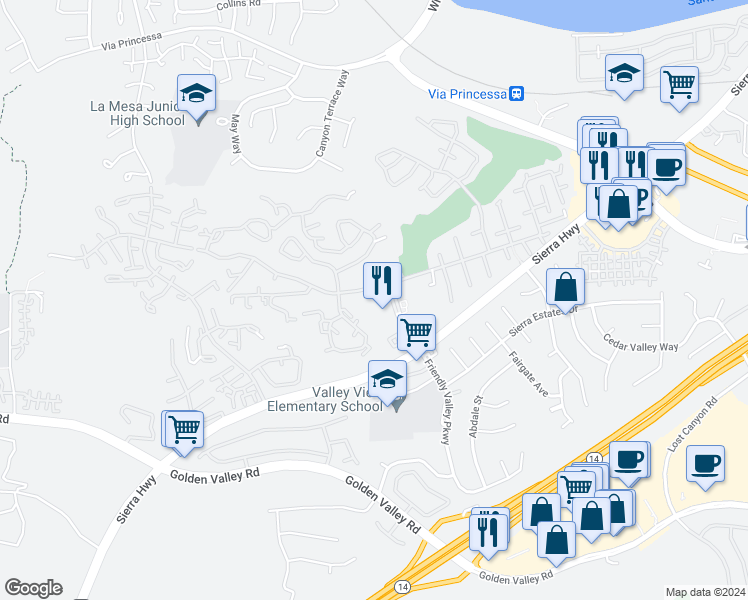 map of restaurants, bars, coffee shops, grocery stores, and more near 19358 Avenue Of The Oaks in Santa Clarita