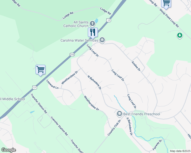 map of restaurants, bars, coffee shops, grocery stores, and more near 104 Sweet Bay Court in Hampstead