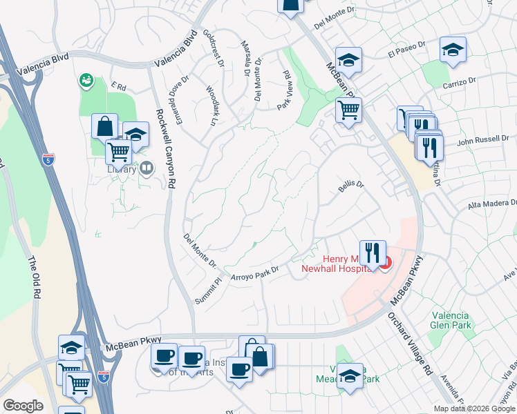 map of restaurants, bars, coffee shops, grocery stores, and more near 24670 Brighton Drive in Santa Clarita