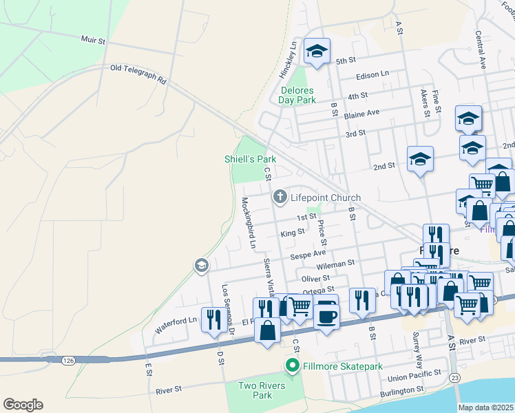 map of restaurants, bars, coffee shops, grocery stores, and more near 1131 Oriole Circle in Fillmore