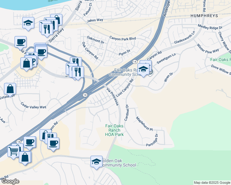 map of restaurants, bars, coffee shops, grocery stores, and more near 17979 Lost Canyon Road in Santa Clarita