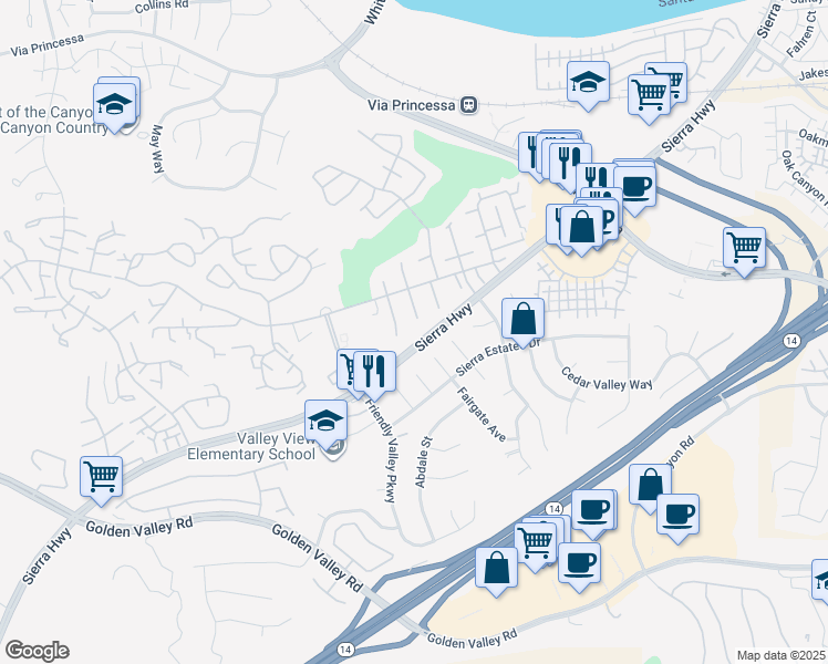 map of restaurants, bars, coffee shops, grocery stores, and more near 19358 Avenue Of The Oaks in Santa Clarita