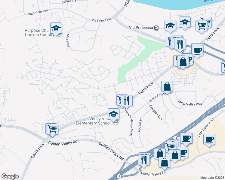 map of restaurants, bars, coffee shops, grocery stores, and more near 19348 Avenue Of The Oaks in Santa Clarita