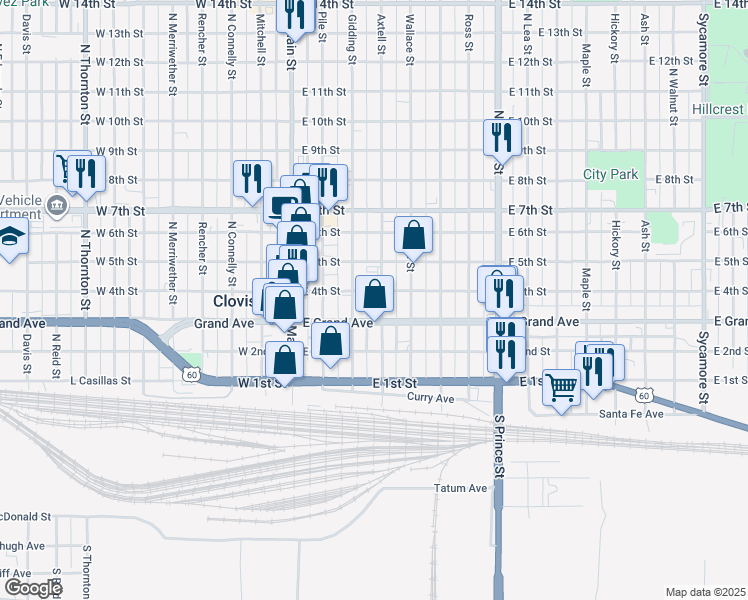 map of restaurants, bars, coffee shops, grocery stores, and more near 400 East Grand Avenue in Clovis