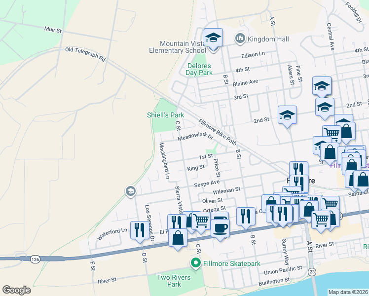 map of restaurants, bars, coffee shops, grocery stores, and more near 600 C Street in Fillmore