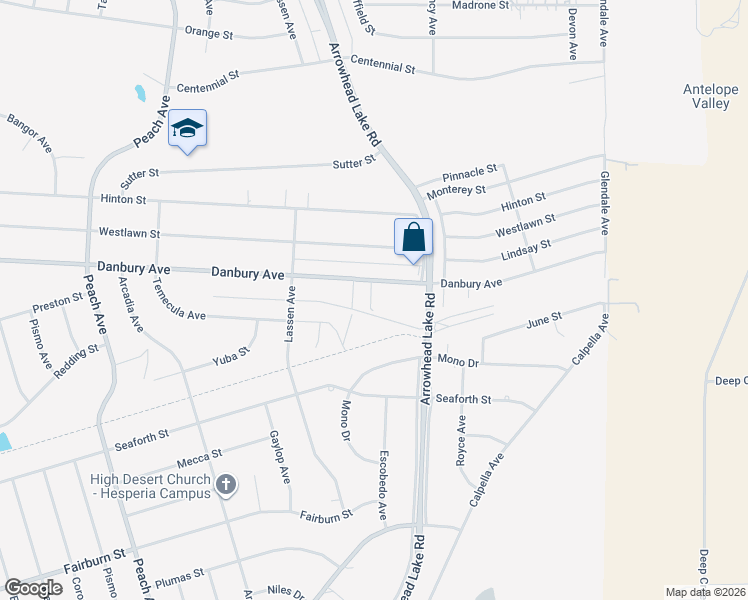 map of restaurants, bars, coffee shops, grocery stores, and more near 18724 Danbury Avenue in Hesperia