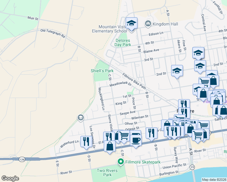 map of restaurants, bars, coffee shops, grocery stores, and more near 600 C Street in Fillmore