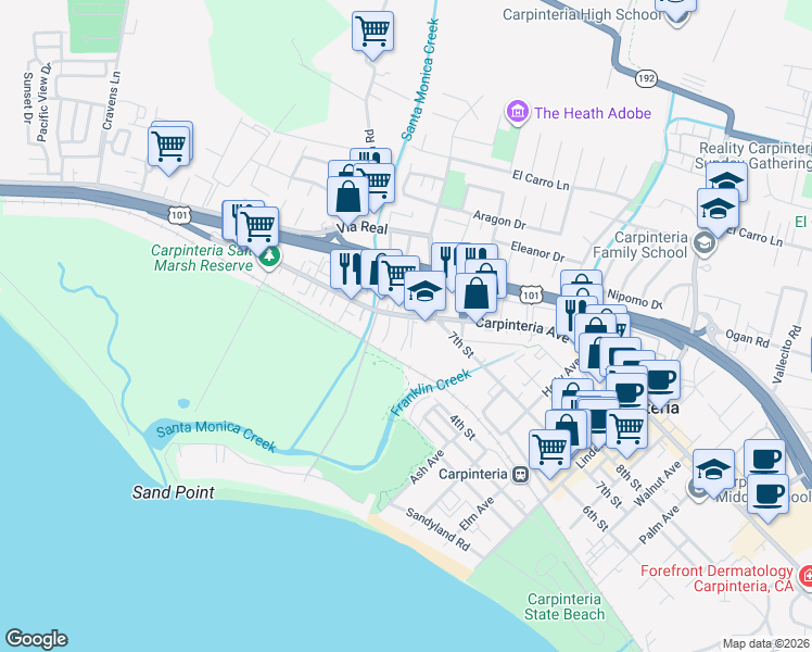map of restaurants, bars, coffee shops, grocery stores, and more near 4527 Carpinteria Avenue in Carpinteria