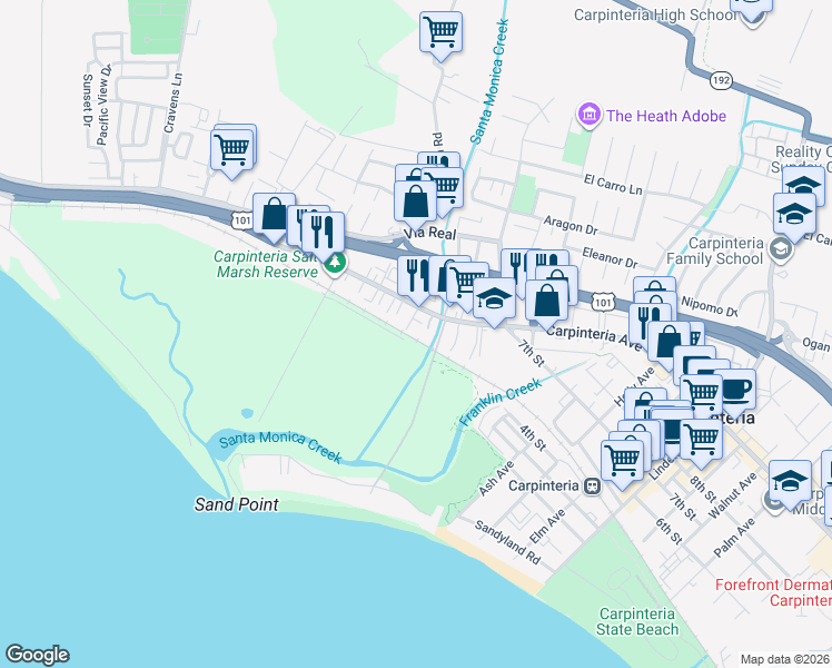 map of restaurants, bars, coffee shops, grocery stores, and more near 910 Pear Street in Carpinteria