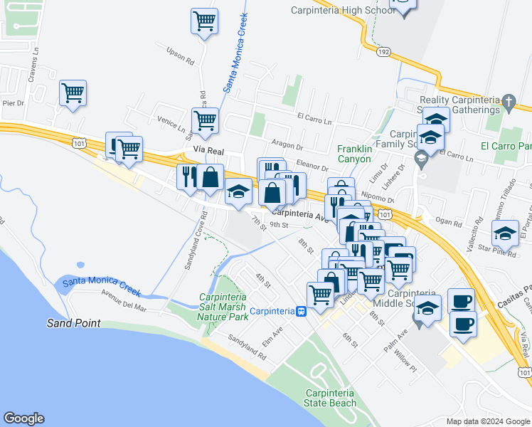 map of restaurants, bars, coffee shops, grocery stores, and more near 944 Reynolds Avenue in Carpinteria