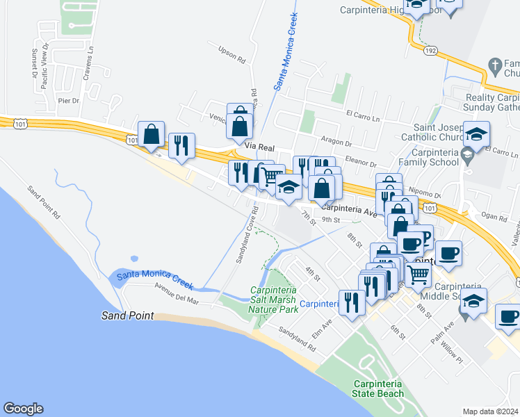 map of restaurants, bars, coffee shops, grocery stores, and more near 4505 Carpinteria Avenue in Carpinteria