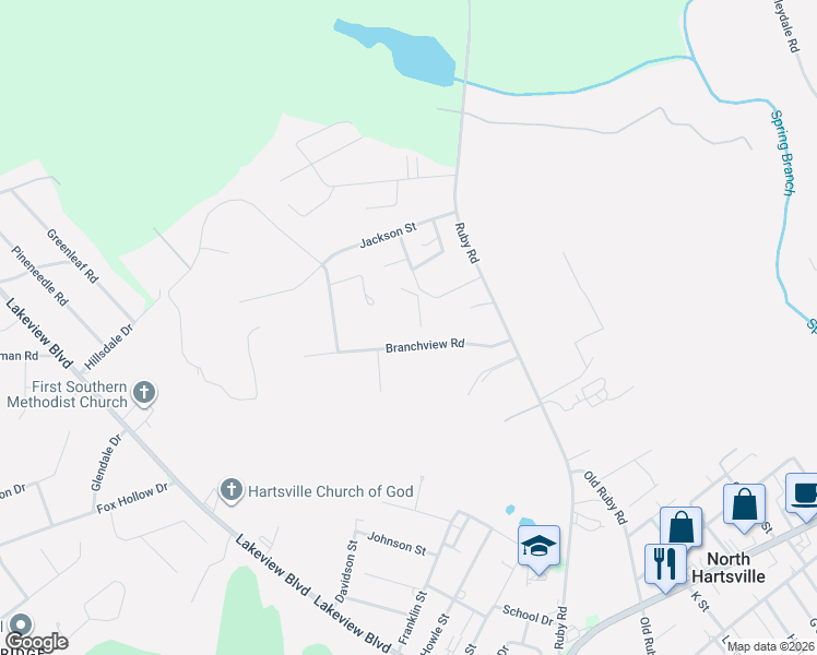 map of restaurants, bars, coffee shops, grocery stores, and more near 120 Branchview Road in Hartsville