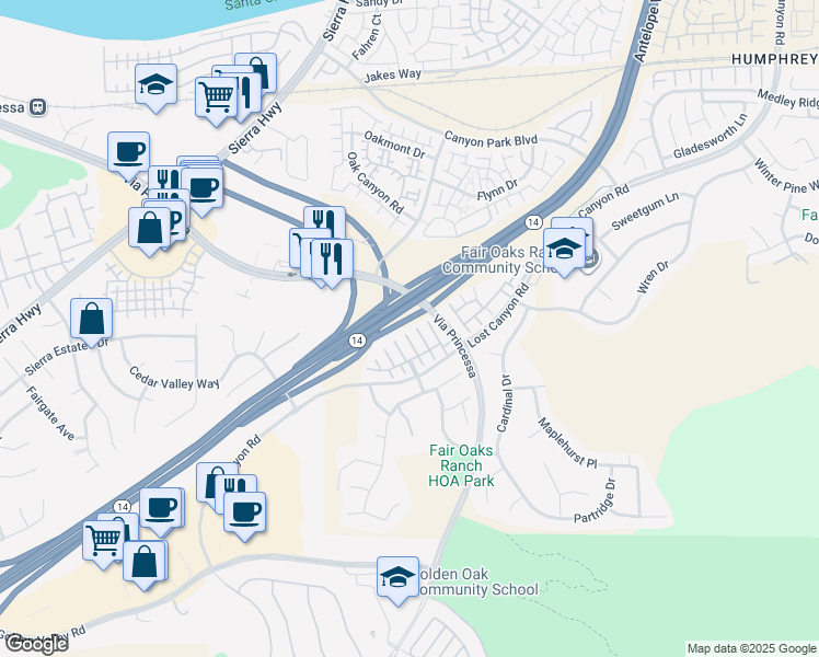map of restaurants, bars, coffee shops, grocery stores, and more near 18025 Terra Verde Place in Los Angeles County