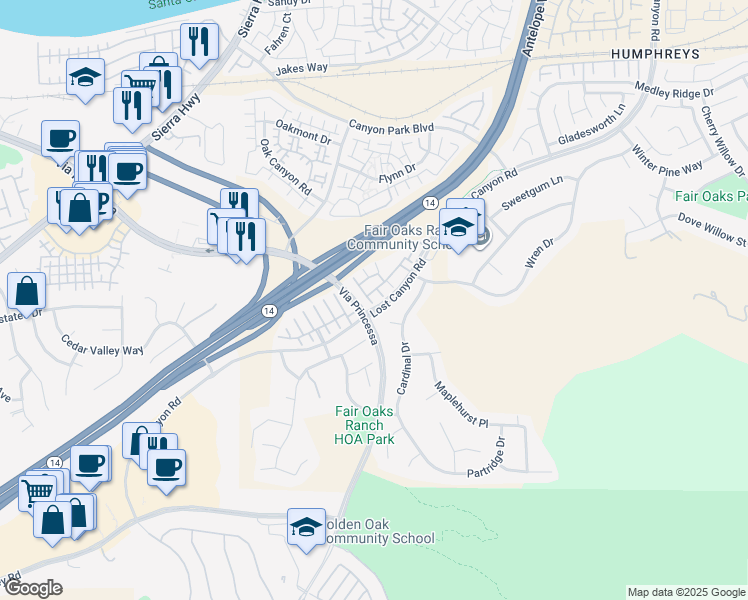 map of restaurants, bars, coffee shops, grocery stores, and more near 17981 Lost Canyon Road in Los Angeles County