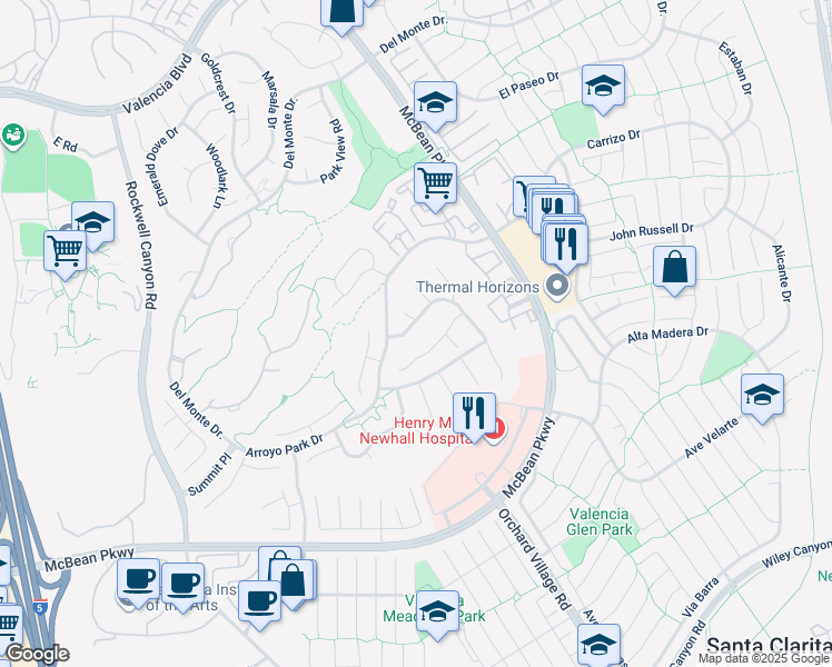 map of restaurants, bars, coffee shops, grocery stores, and more near 26065 Bellis Drive in Santa Clarita