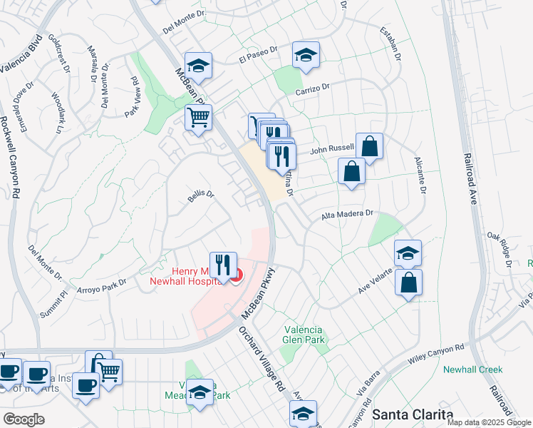 map of restaurants, bars, coffee shops, grocery stores, and more near 25815 McBean Parkway in Santa Clarita
