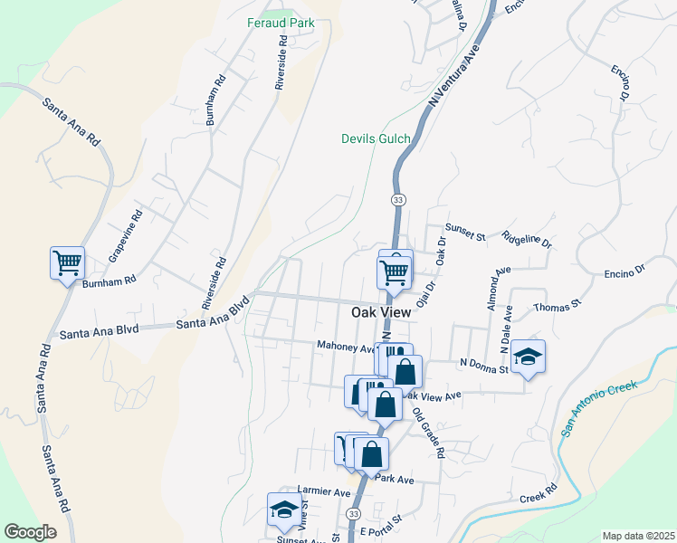 map of restaurants, bars, coffee shops, grocery stores, and more near 27 Olive Street in Oak View