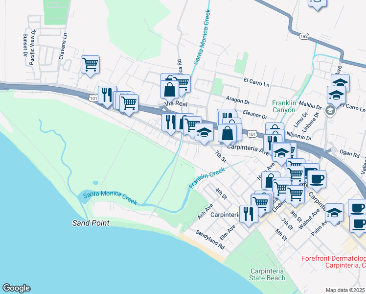 map of restaurants, bars, coffee shops, grocery stores, and more near 4505 Carpinteria Avenue in Carpinteria