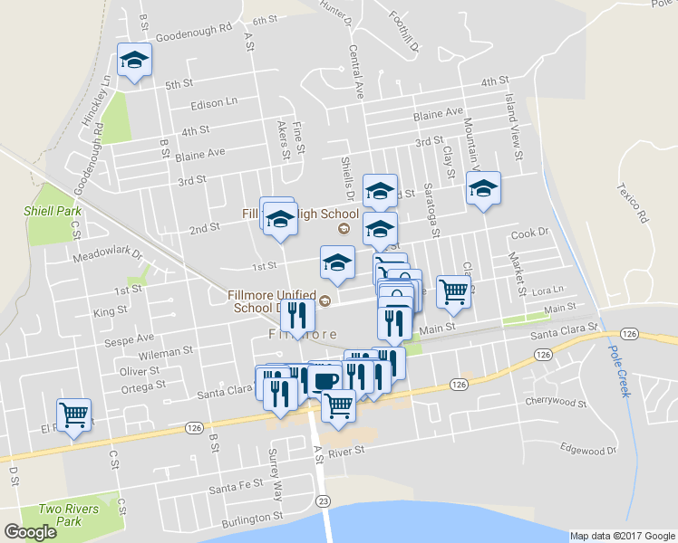 map of restaurants, bars, coffee shops, grocery stores, and more near 569 Kensington Drive in Fillmore