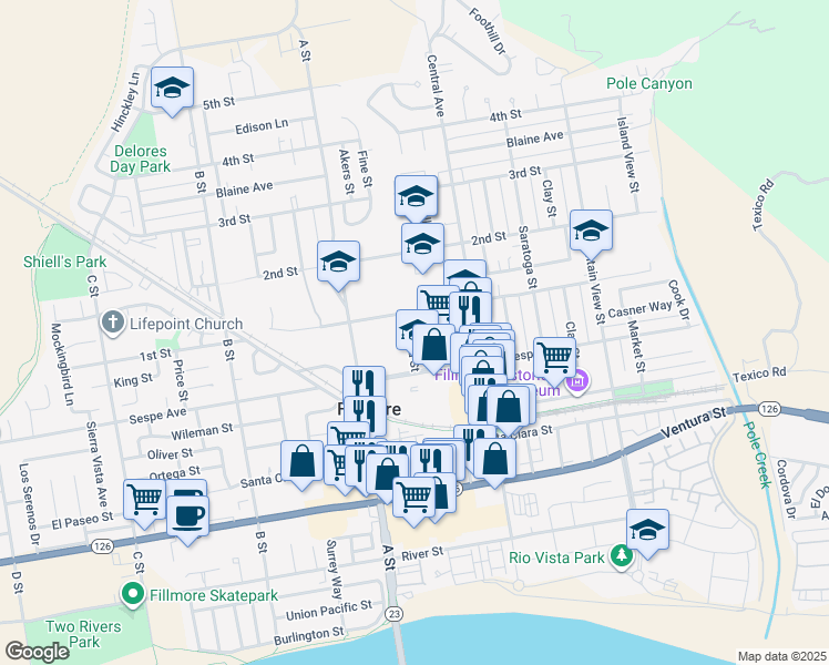 map of restaurants, bars, coffee shops, grocery stores, and more near 569 Kensington Drive in Fillmore