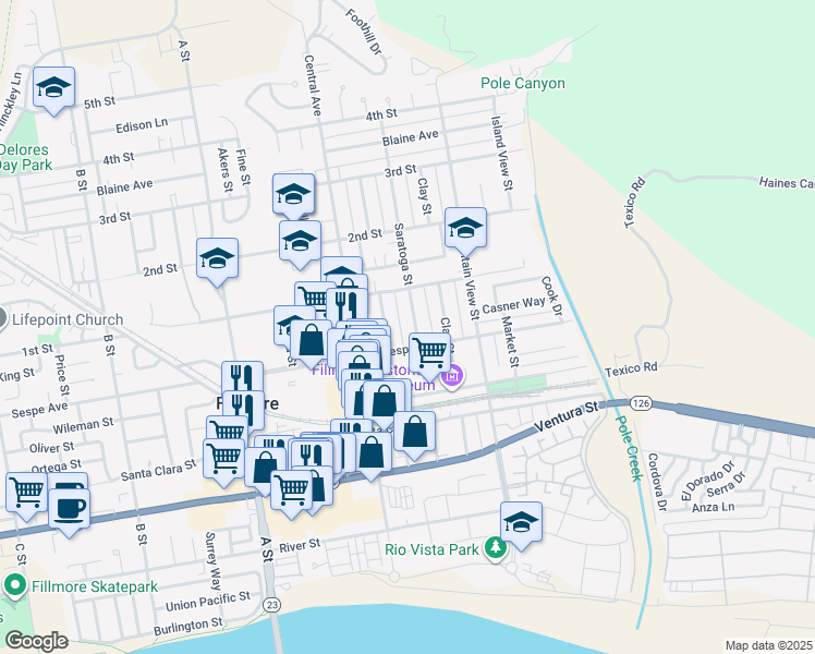 map of restaurants, bars, coffee shops, grocery stores, and more near 400 Fillmore Street in Fillmore