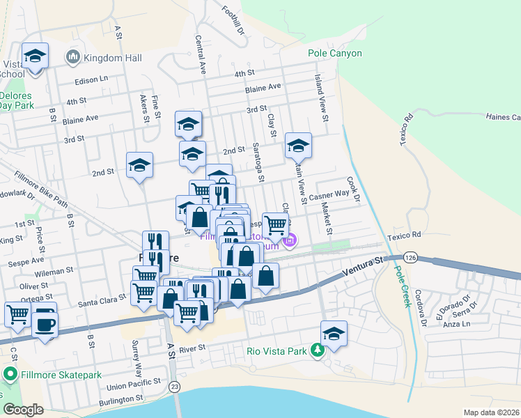 map of restaurants, bars, coffee shops, grocery stores, and more near 423 Saratoga Street in Fillmore