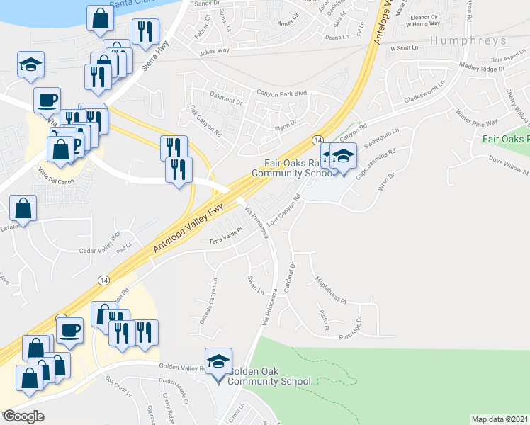 map of restaurants, bars, coffee shops, grocery stores, and more near 17981 Lost Canyon Road in Los Angeles County