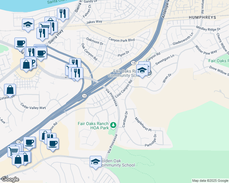 map of restaurants, bars, coffee shops, grocery stores, and more near 17979 Lost Canyon Road in Santa Clarita