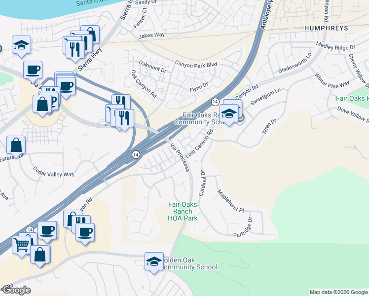 map of restaurants, bars, coffee shops, grocery stores, and more near 17979 Lost Canyon Road in Santa Clarita