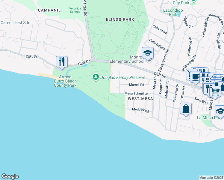 map of restaurants, bars, coffee shops, grocery stores, and more near 2704 Mesa School Lane in Santa Barbara