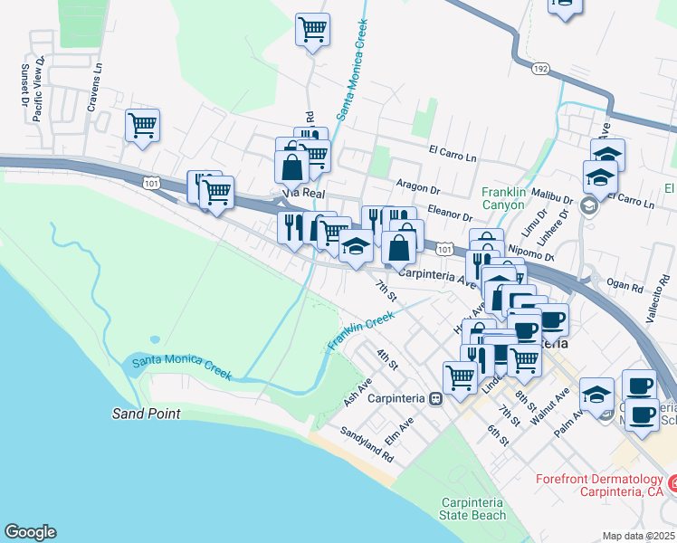 map of restaurants, bars, coffee shops, grocery stores, and more near 4527 Carpinteria Avenue in Carpinteria
