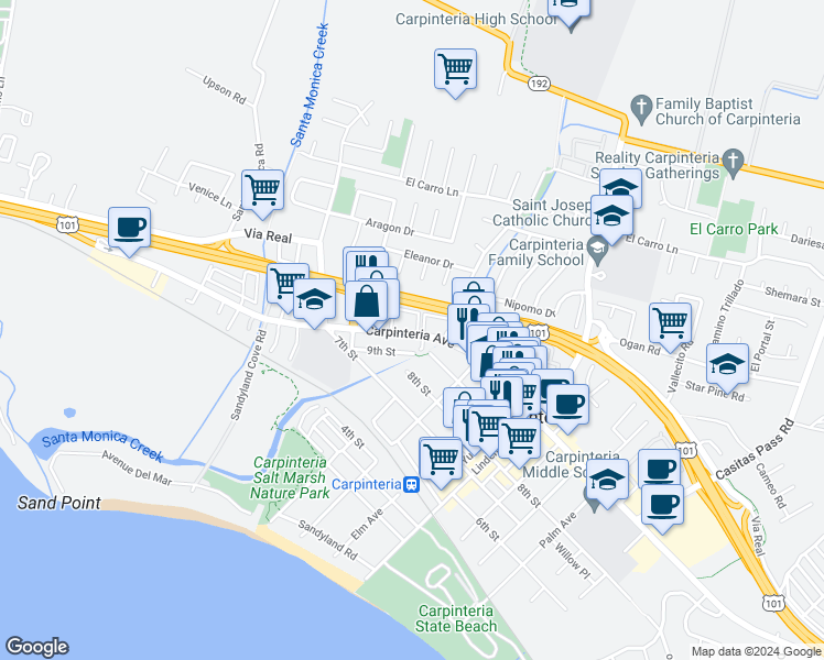 map of restaurants, bars, coffee shops, grocery stores, and more near 4670 Carpinteria Avenue in Carpinteria