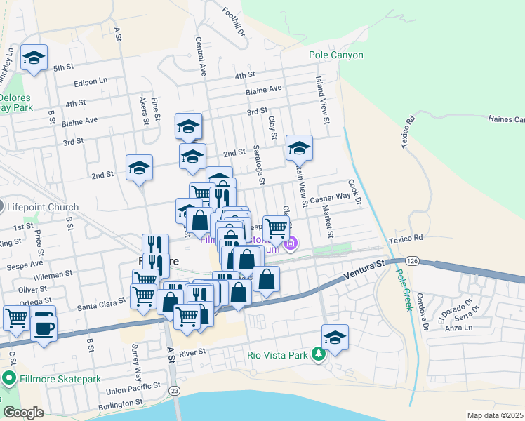 map of restaurants, bars, coffee shops, grocery stores, and more near 423 Saratoga Street in Fillmore