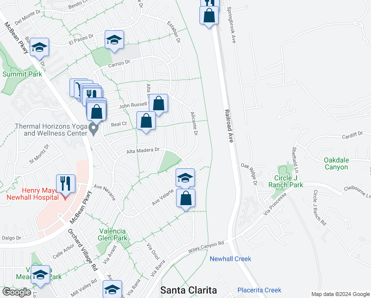 map of restaurants, bars, coffee shops, grocery stores, and more near 25604 Palma Alta Drive in Santa Clarita