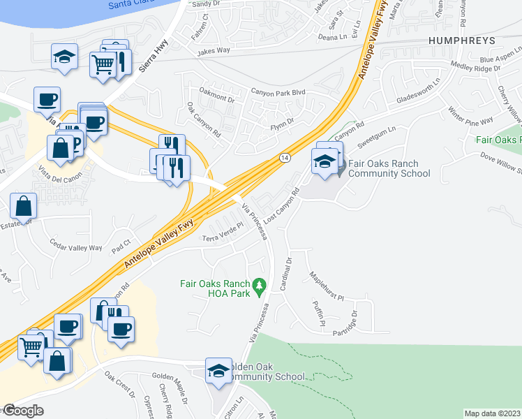 map of restaurants, bars, coffee shops, grocery stores, and more near 18006 Lost Canyon Road in Los Angeles County