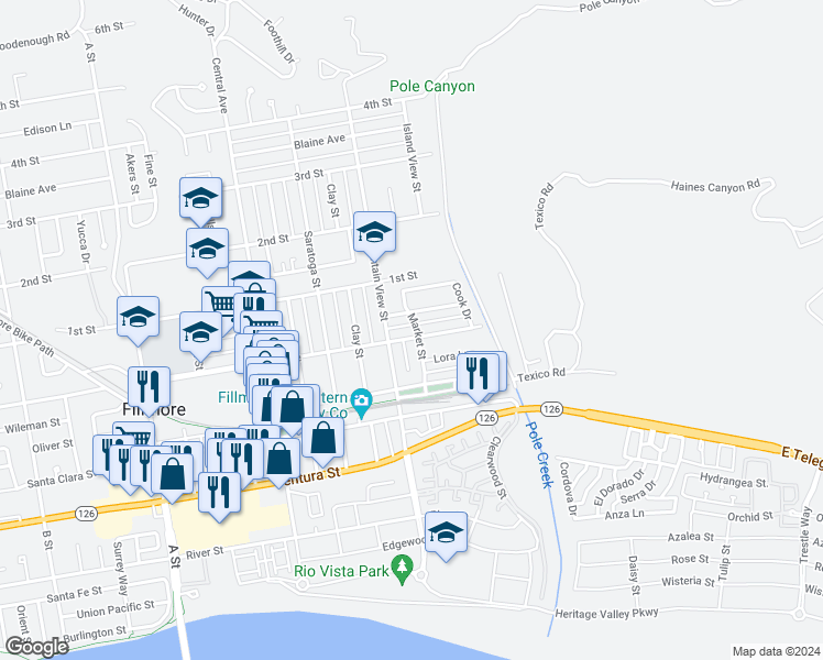 map of restaurants, bars, coffee shops, grocery stores, and more near 353 Market Street in Fillmore