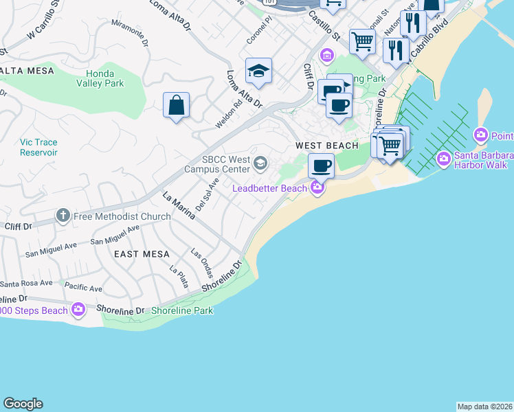 map of restaurants, bars, coffee shops, grocery stores, and more near 26 Barranca Avenue in Santa Barbara