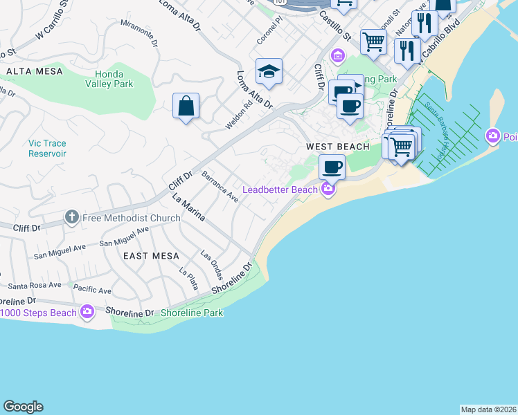 map of restaurants, bars, coffee shops, grocery stores, and more near 1101 Luneta Plaza in Santa Barbara