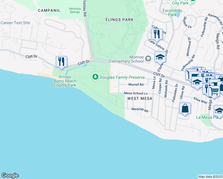 map of restaurants, bars, coffee shops, grocery stores, and more near 2704 Mesa School Lane in Santa Barbara