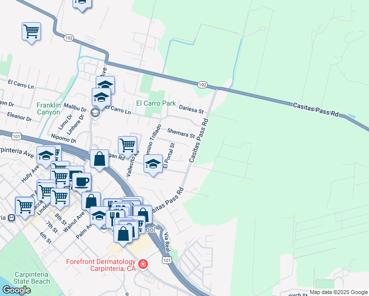 map of restaurants, bars, coffee shops, grocery stores, and more near 5378 Santa Rosa Lane in Carpinteria
