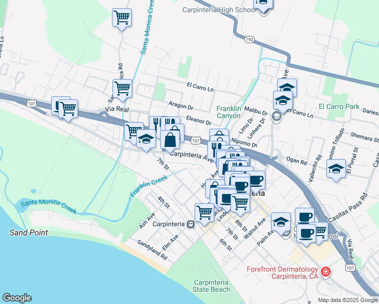 map of restaurants, bars, coffee shops, grocery stores, and more near 4650 Carpinteria Avenue in Carpinteria