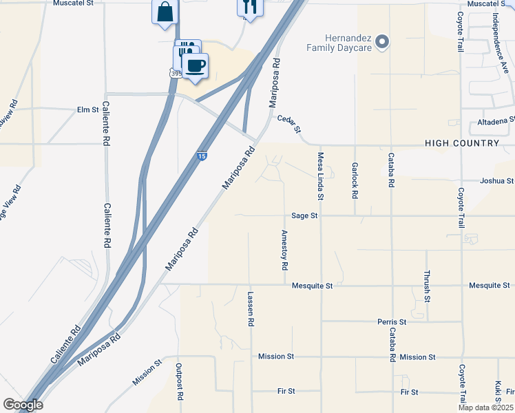 map of restaurants, bars, coffee shops, grocery stores, and more near Sage Street in Hesperia