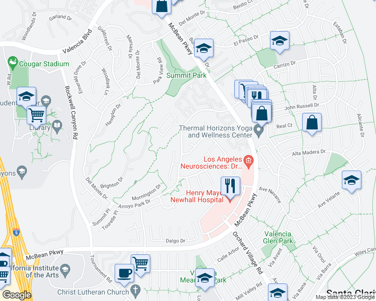 map of restaurants, bars, coffee shops, grocery stores, and more near 26068 Charonne Court in Santa Clarita
