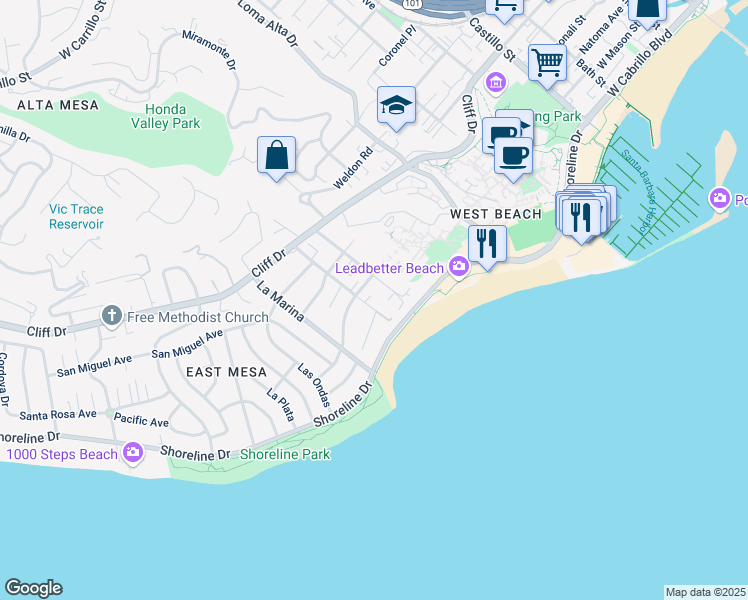 map of restaurants, bars, coffee shops, grocery stores, and more near 116 Barranca Avenue in Santa Barbara