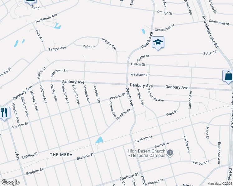 map of restaurants, bars, coffee shops, grocery stores, and more near 18250 Preston Street in Hesperia