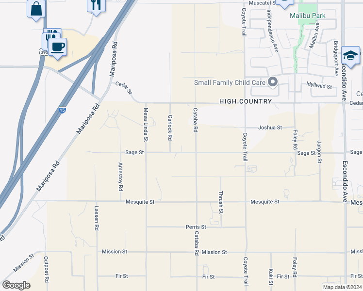 map of restaurants, bars, coffee shops, grocery stores, and more near Palm Avenue in Hesperia