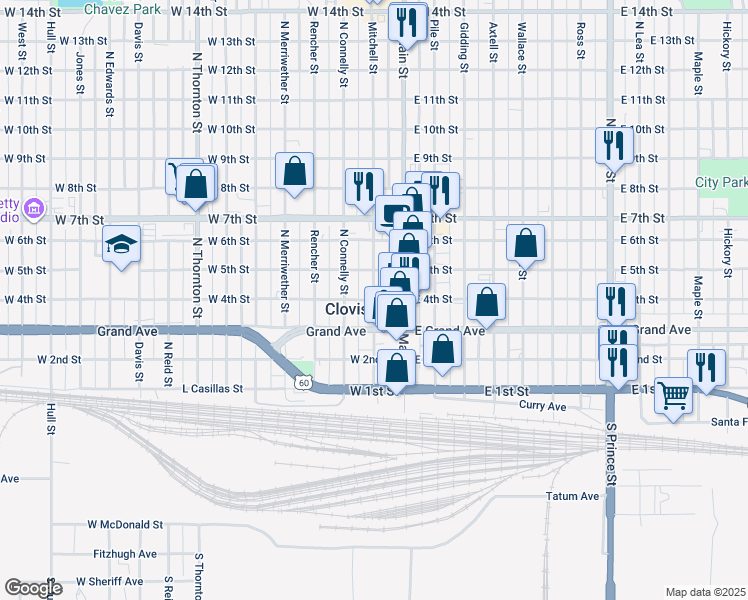 map of restaurants, bars, coffee shops, grocery stores, and more near Mitchell St & W 4th St in Clovis